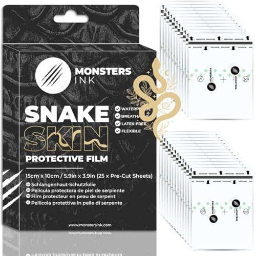 Monsters Ink Snake Skin Film de Protección Transparente y Transpirable Para Piel Tatuada, Parches Tatuajes Curar (15cm x 10cm (25 x Sheets))