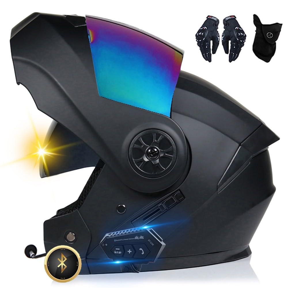 Casco da Moto Bluetooth, Casco Integrale con 2 Piloti Casco Bluetooth Intercom Omologato DOT/ECE, Leggero, con Doppia Visiera, Casco Modulare per Adulti Uomini Donne S~XL