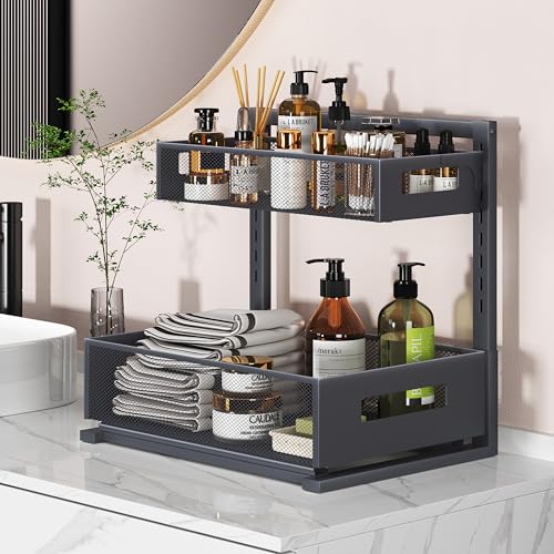 Image of Petiza Under Sink Organizer Pull Out Cabinet Organizer Adjustable Height 2 Tier with Sliding Drawers Kitchen Bathroom Organizer and Storage(Gray-1pc)