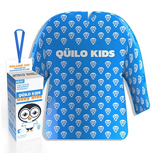 QÜILO KIDS – Disposable & Portable Baby Bibs 6 Months and Up – Long Sleeve Smock 10 Pack for Drooling, Arts & Craft – Kids & Toddler Waterproof Bib – Plastic BPA Free & Biodegradable (Blue & White)