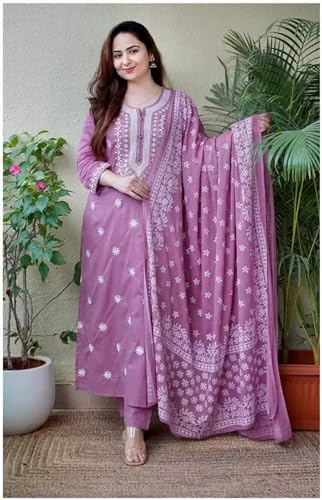 Image of BHARVITA Women's Cotton Embroidered Chikankari Work Straight Kurta Dupatta Pant Set