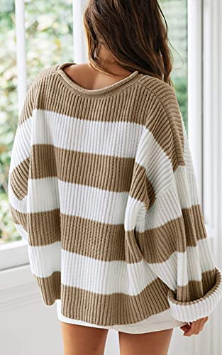 Zesica ZESWEATER14-LIGHTKHAKI-L Women'S 2024 Fall Long Sleeve Crew Neck Striped Color Block Comfy Loose Oversized Knitted Pullover Sweater,Lightkhaki,Large thumb #7