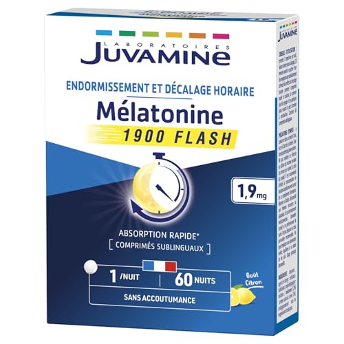 JUVAMINE - Melatonina Flash - Melatonina 1,9 mg - Dormido - Diferencia horaria - Sin habituación - Programa 60 noches - Tabletas sublinguales - Sabor limón - Fabricado en Francia