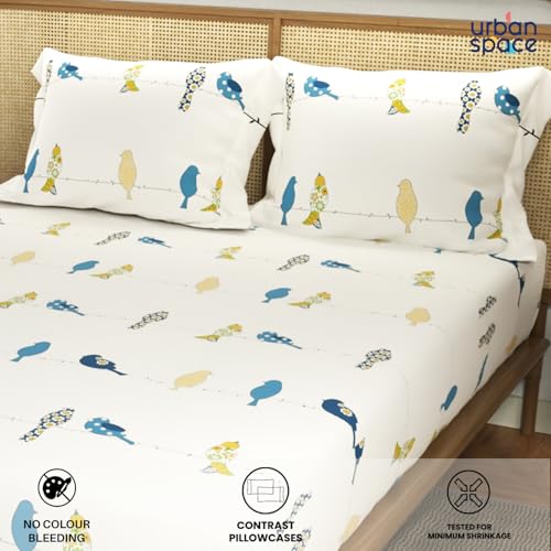 Image of Urban Space Divine 144 TC 100% Cotton Printed Fitted Bedsheet King Size with 2 Pillow Covers (Size 78 x 72 inches, Humming Bird Blue)