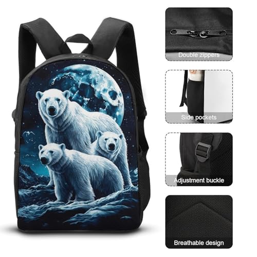 3D Arctic Bear Moonlight Large Travel Backpacks Carry on Backpack Weekender Bag with 2 Storage Pockets for Men And Women3