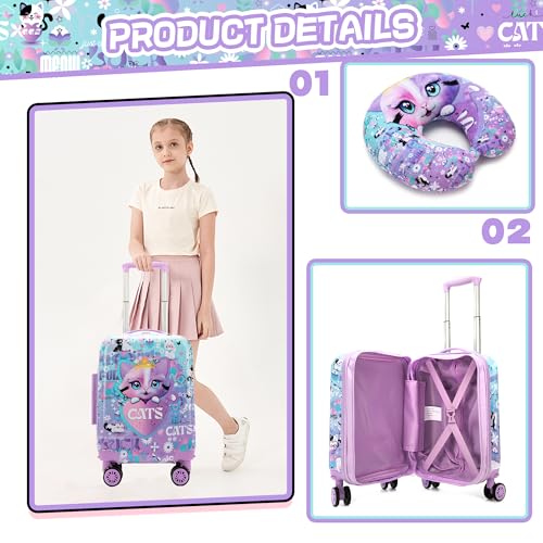 Image of Cute Cat Kid's Luggage Set 2 Piece Suitcase Set 16 inch Hardside Luggage with Spinner Wheels Girls Carry on Toddler Travel Rolling Luggage Airline Approved