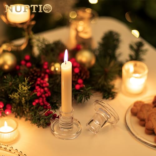 Nuptio Glass Taper Candle Holders: 2 Pcs Clear Small Candlestick Tapered Holder For Candles Sticks Modern Short Tapers Candleholders For Wedding Christmas Thanksgiving Party Table Decor thumb #1