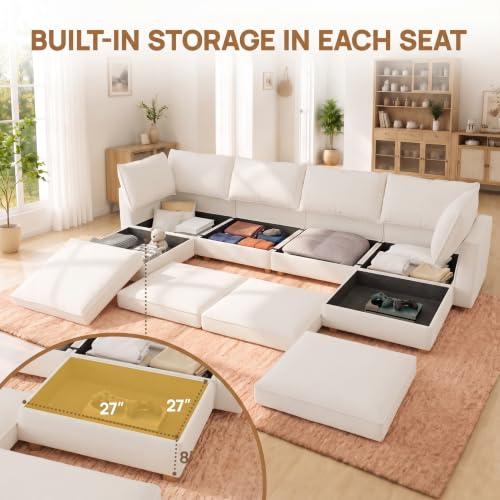 Image of 99 inch Chenille Modular Sofa Bed with Washable Covers & Storage, 10-Seater Modular Sectional Sleeper Sofa Bed with Movable Ottoman Chaise, Convertible Sleeper Sectional Couches for Living Room, Beige