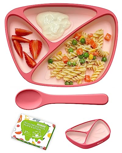 Image of BRVTOT Newest Baby Suction Plates for Toddler, Food Grade Platinum Silicone Baby Plates BPA Free, Divided Suction Toddler Plate Dishes and Spoon Set for Self Feeding, Deeper Design, Dishwasher Safe