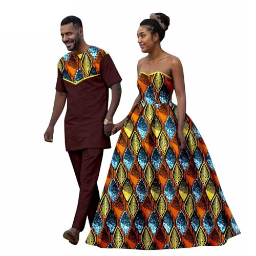 African Coupleswear Matching Women Strapless A Line Dress and Ankara Printed Fabric Men's Short Sleeve Suit(C,Women-X-Large)