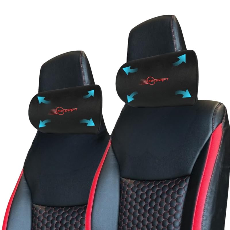 Image of Neodrift 'CurveNeck' - Neck Rest Cushion Orthopedic Velvet Memory Foam Pillow for Neck, Head, Shoulder Support - Pain Relief for Car, Set of 2 (Colour-Black+Red)