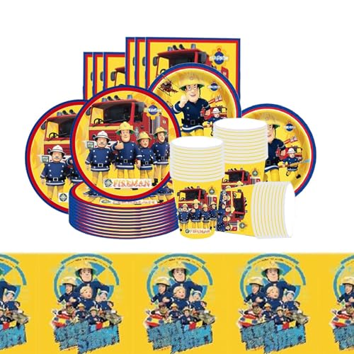 69 Pièces Vaisselle Anniversaire Pompiers,Deco Anniversaire Pompiers,Serviettes de Table, Assiettes en Papier, Gobelets en Papier, Nappe, Parfait Pour 16...