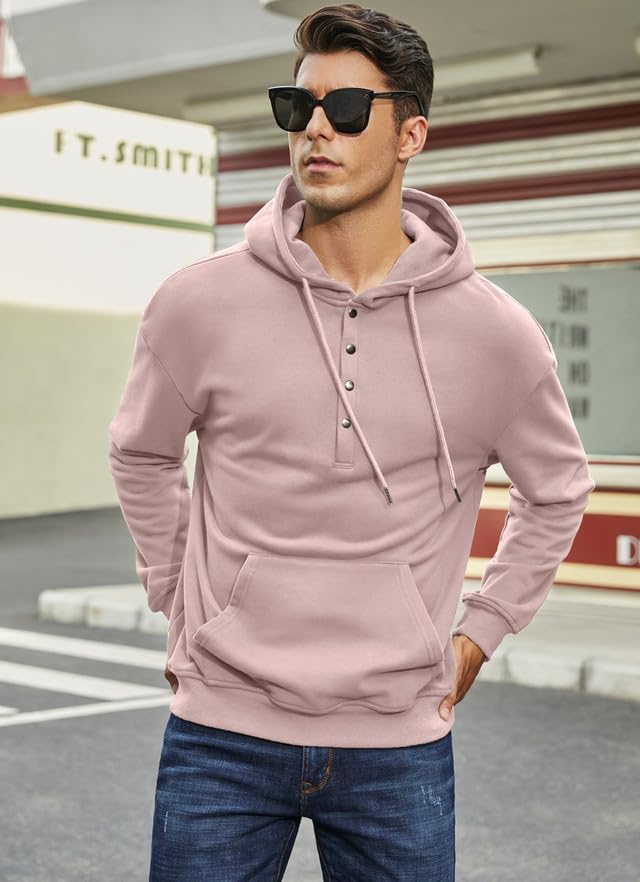 JMIERR Mens 2023 Cotton Hooded Button Collar Drawstring Hoodies Pullover Sweatshirts Casual Long Sleeve Shirts with Pocket3