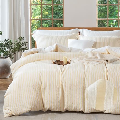 MILDLY Jacquard Striped Duvet Cover Set 3pcs Dual Zipper Yellow Queen