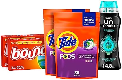 Tide Pods Laundry Detergent Soap Pods, Spring Meadow, 70 count, Downy Unstopable Scent Beads, Fresh, 14.8 oz and Bounce Laundry Dryer Sheets, Outdoor Fresh, 68 count