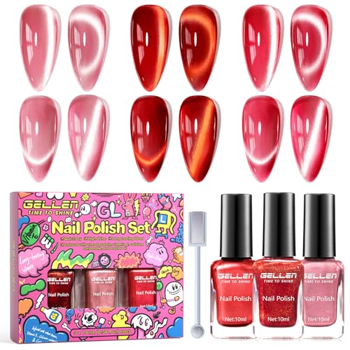 GELLEN Quick Dry Cat Eye Nail Polish Kit, Christmas Gift for Women, Red Magnetic Fingernail Polish Series, Fast Drying Glitter Nail Lacquer Non Gel with Magnet Tool, DIY Salon Home
