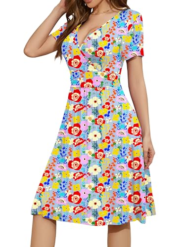 Image of WEACZZY Women's Summer Short Sleeve Casual Dresses V-Neck Floral Party Dress with Pockets