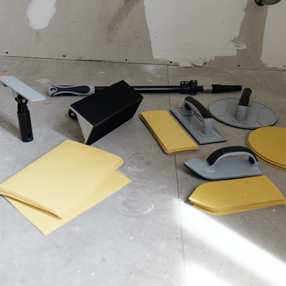 Kit ponçage plaquiste avec perche télescopique 1,2m - Ponceuse angle - circulaire - rectangulaire - détail - Feuilles abrasives