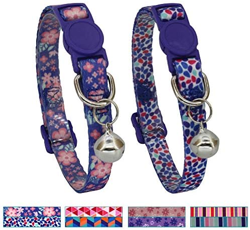 Leepets 2 Pack/Set Breakaway Cat Collar with Bell Safe and Cute Kitten Collar, Adjustable 7-12 Inch, 3/8 Wide, Pink/Purple Floral Pattern