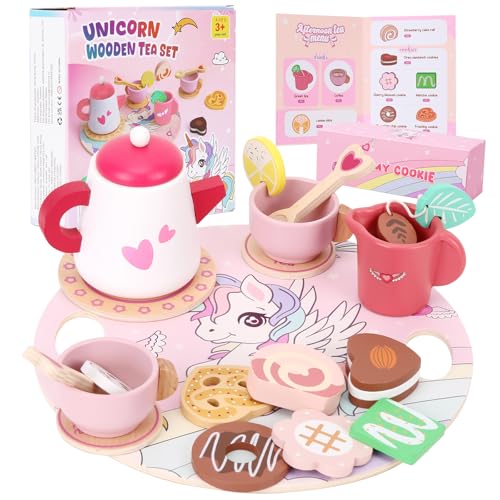 WIKITOT Wooden Tea Set for Toddlers 21Pcs Unicorn Toys for Girls Aged 3+