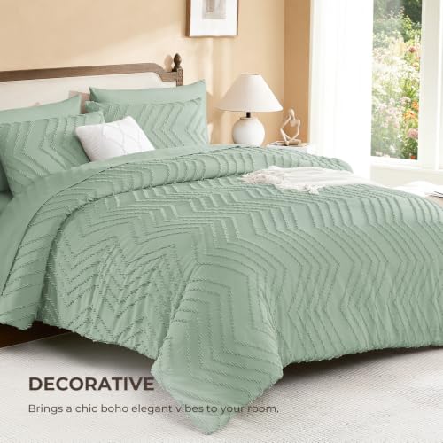 Image of Litanika Super King Size Comforter Set with Sheets Sage Green - 7 Pieces Bed in a Bag Oversized King Boho Tufted Complete Bedding Sets with Comforter, Sheets, Pillowcases & Shams