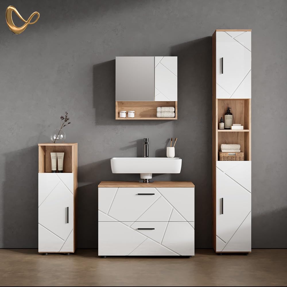 Livinity Set di mobili da bagno Ronco, Bianco lucido/oro power oak, 4 parti, con cassettiera e colonna