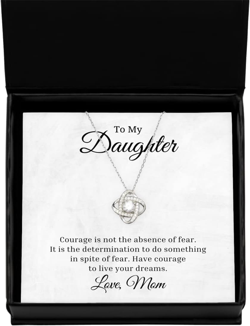 to My Daughter Love Knot Rose Silver Necklace, Courage is Not The Absence of Fear, Best Birthday Gifts, Inspirational Gifts, Message Card Jewelry from Mom