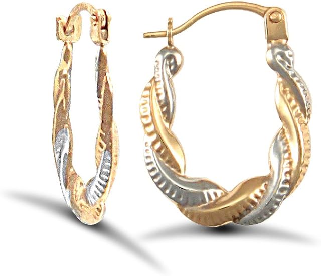 Jewelco London Ladies 9ct Yellow and White Gold Twisted Platted Creole Earrings