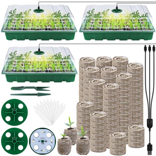 Hahood 3 Pack Seed Starter Tray Kit with Grow Light Germination Trays with Humidity Dome, 120 Peat Pellets, Gardening Tools, Plant Labels, Plant Growing Trays for Seeds Growing Starting, Green