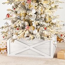 Glitzhome Christmas Tree Collar, 32" L Washed White Wooden Tree Collar Tree Stand Cover Christmas Tree Collars for Artificial Trees