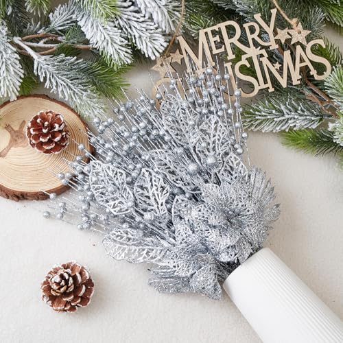 CristBest 24 Pack Christmas Tree Ornaments - Artificial Flowers Glitter Berry Stems Christmas Floral Picks Branches for Xmas Tree Decorations Vase Filler Holiday Wedding Party Home Decor (Silver) - image 3