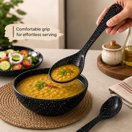 Image of Melvio By Malti Black Granite 2 Piece Serving Spoon | Melamine Dinnerware Set, Premium Dinner Set Crockery Plates Bowls Tableware for Home Dining Kitchen