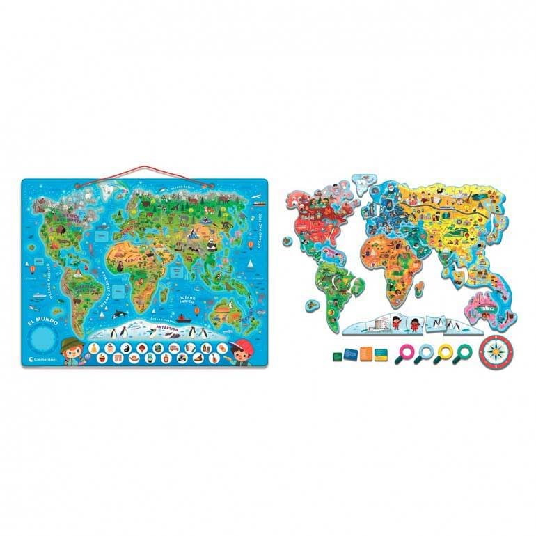 Clementoni Education, Le Monde - Puzzle magnétique, Carte Physique et Politique avec Jeu d'observation, 110 Cartes magnétiques, âge 6-10 Ans, 55659