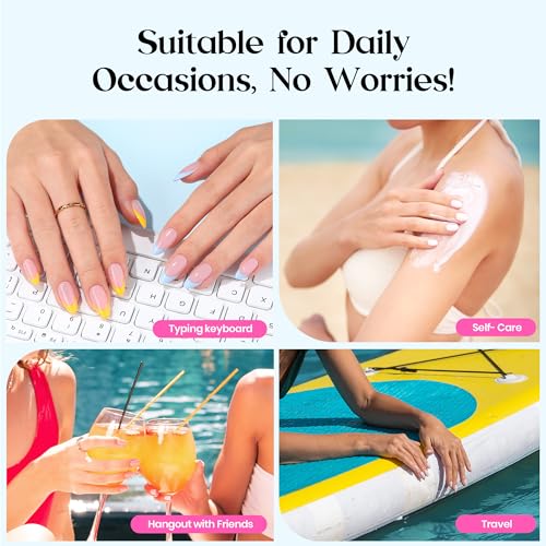 Image of Beetles X Press Summer Nails Kit: Medium Almond French Tip Press On Nails Kit With 7 Colors 224Pcs Rainbow Nail Tips Nail Glue & Builder Top Coat Mini UV Light, All-in-One DIY Gift For Women 16 Sizes