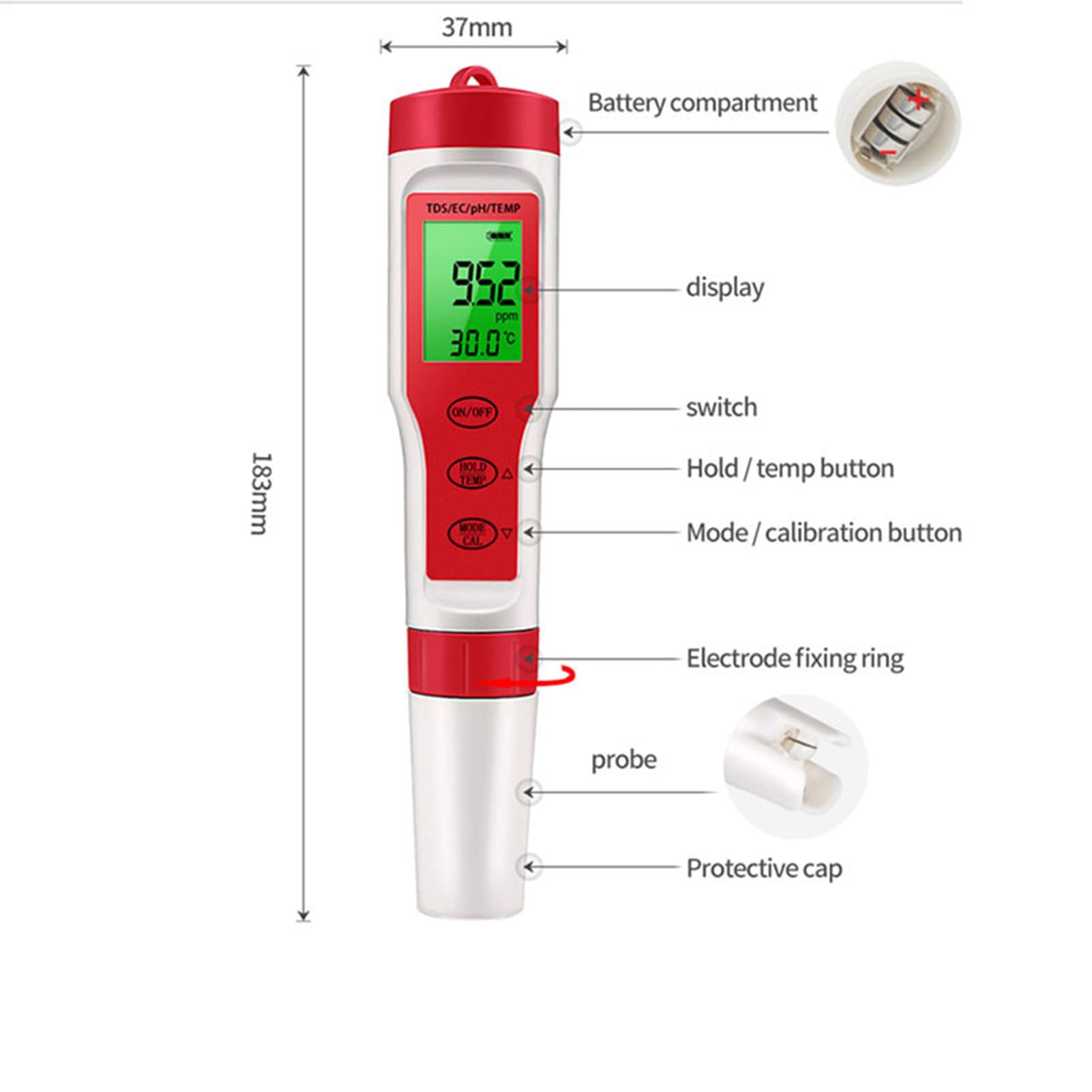 Misuratore digitale di pH per acqua, strumento di prova di pH, temperatura,