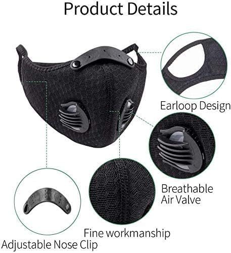 Cycling Face Covering with 4pcs Activated Carbon Filter+2pcs Breathable Valve,Washable Reusable Protection Covering for Outdoor-Black (Set of 7)