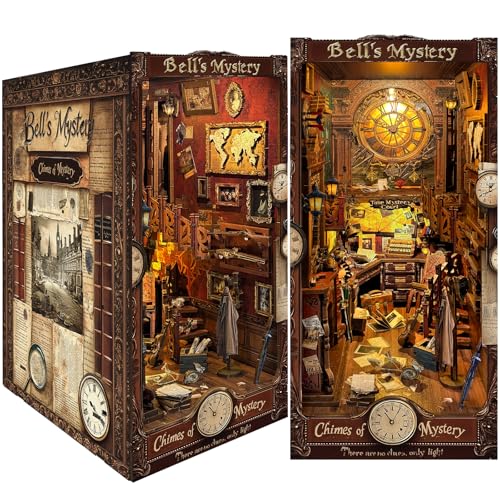 DIY Book Nook Kit, DIY Miniature Dollhouse Kits for Adults and Teens, Book Nook Bookshelf Insert Decor 3D Wooden Puzzle Bookend Miniature Kit with Sensor Light Creative Craft(Bell's Mystery)