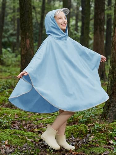 Image of Haloumoning Kids Hooded Rain Poncho Girls Waterproof Lightweight Reusable Raincoat Jacket 4-14 Years