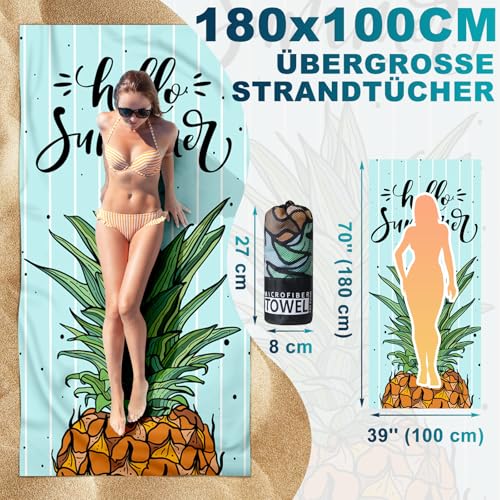 Lorymachy Mikrofaser Strandtuch - 180x100 cm Strandtuch XXL, 250GSM Schnelltrocknendes Badetuch Strand, Hautverträglich Beach Towel für Strand, Ausgestattet mit Aufbewahrungstasche(Ananas)