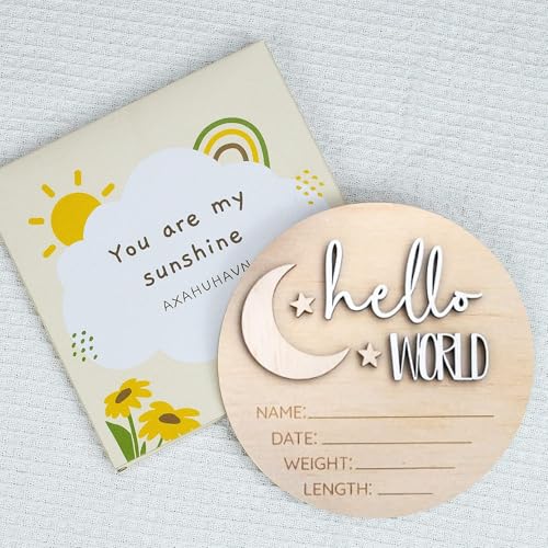 Image of AXAHUHAVN Hello World Birth Announcement Sign for Newborn, Birth Stats Sign, Hello World Baby Name Wooden Sign, Wooden Birth Announcement Plaque "Hello World" Matte White Acrylic (01)