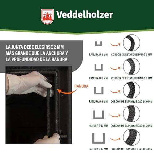 Juego completo Veddelholzer Ø 12mm cinta de sellado, sello de hornos, cordón para estufas, hornos y accesorios de chimeneas Incl. adhesivo de alta temperatura, guantes, manguitos e instrucciones. - imagen 2