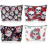 Preboun 4 Pack Sugar Skull Makeup Bags Christmas Cosmetic Bag Gifts Travel Toiletry Zipper Pouch Gothic Floral Skeleton Gifts Pouch for Girls Women Sugar Skull Lovers