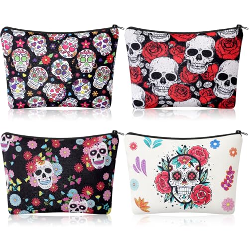 Preboun 4 Pack Gothic Sugar Skull Makeup Bags for Women Cosmetic Bag Gifts Travel Toiletry Zipper Pouch Gothic Floral Skeleton Gifts Pouch for Sugar Skull Lovers Party Favors