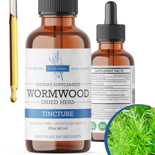 Pura Herba Wormwood Organic Tincture - Herbal Supplement for Digestive Health and Gut Support - Natural Cleanse - Alcohol-Free, Made in USA, 2 Fl Oz