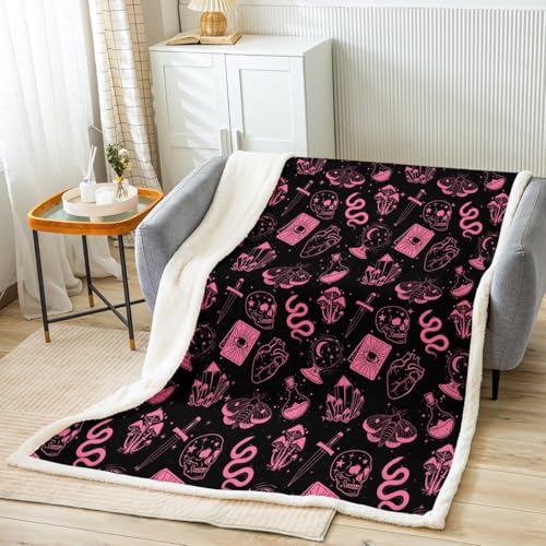 Halloween Skull Flannel Blanket,Gothic Pink Moth Mushroom Skeleton Fuzzy Blanket for Children Present,Hippie Art Girly Stars Galaxy Polyester Throw Blanket for Couch, Twin Size (60 x 80 Inch)