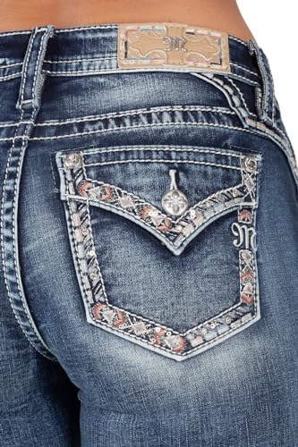 Miss Me Women's Mid-Rise Colorful Border Embellished Faux Flap Pockets Bootcut Jeans3