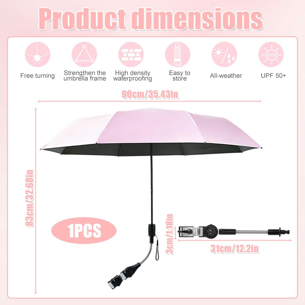 Universal Sonnenschirm für Kinderwagen UV Schut, UPF 50+ Sonnenschutz Regenschirm mit 360° Flexibler Universalhalterung, 96 cm Kinderwagen Regenschirm für Kinderwagen und Buggy, Rosa