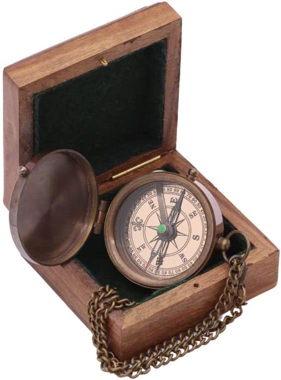 Brújula de bolsillo personalizada de latón con caja de madera miniatura 6