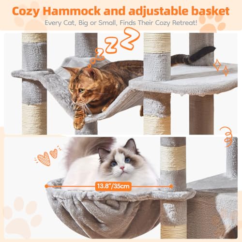 Image of Taoqimiao Large Cat Tree, 73 in Tall Cat Tower with 2 Plush Big Cat Condos | 9 Scratching Posts, 2 Top Perches, Cozy Hammock & Basket, Indoor Cats, 2 Pompoms & Mouse Toy, Light Gray, MS013XLW