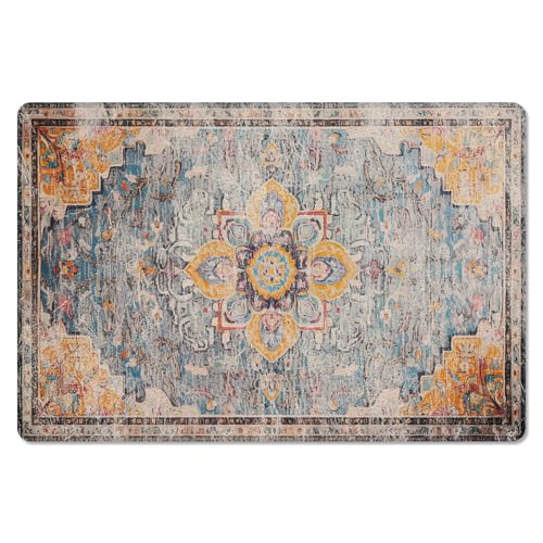 Geometric Kitchen Bath Door Mat Cushioned Runner Rug,Washable Welcome Floor Sink Antifatigue Mat,Waterproof & Non-Slip Comfort Standing Doormat,Vintage Shabby Chic Abstract Flower Ethnic 20
